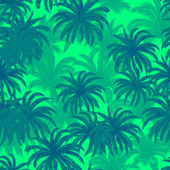 Fototapeta na wymiar Seamless Background, Tropical Palm Trees, Crowns with Leaves, Green and Blue, Tile Pattern. Vector