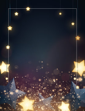 Christmas background design with yellow glowing stars, blue paper stars and gold confetti. Dark backdrop with space for text. Vector flyer or banner template.