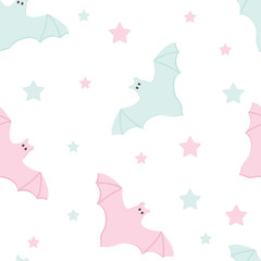 Halloween Seamless Pattern of Flying Bats and Stars icon. Cute Nursery room wallpaper, frame, card. Pastel colors scared Cartoon character isolated on white. Printable flat style