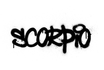 graffiti scorpio word sprayed in black over white