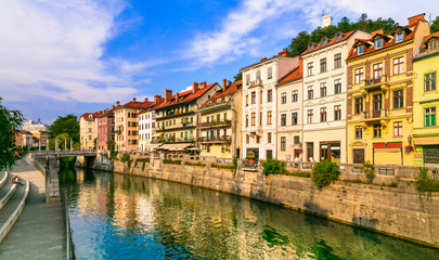 Fototapeta na wymiar Romantic beautiful Ljubljana city, capital of Slovenia. Urban scene with canals