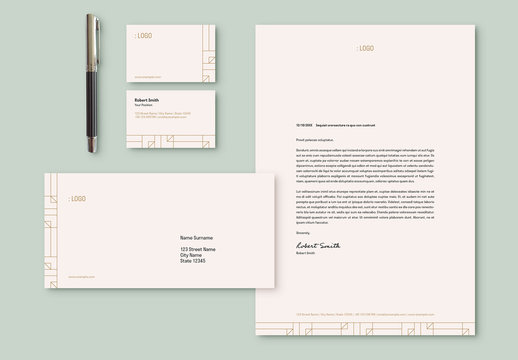 Stationery Set Layout with Geometric Line Accents