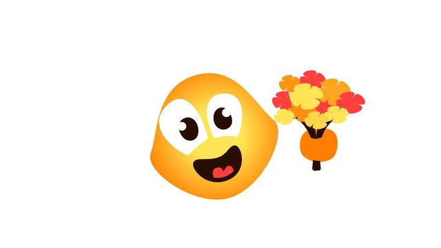 animated emoji gives a bouquet. Emoji gift. Funny cartoon face. Alpha channel isolated