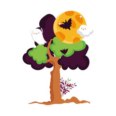 ghost bats moon tree leaves trick or treat, happy halloween
