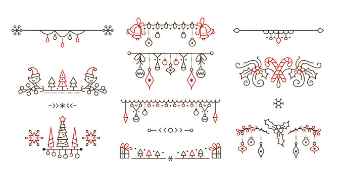 Christmas linear vector decorative borders set