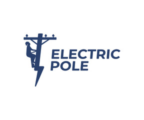 Power line repair logo design. Lineman and lightning bolt vector design. Lightning-shaped electric pole logotype