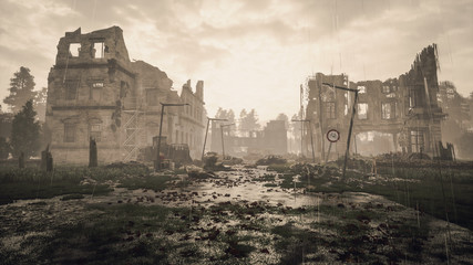 Ruins of a city. Apocalyptic landscape - obrazy, fototapety, plakaty