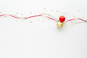 Christmas coChristmas composition. bauble ribbon top view background copy space for your text. Flat lay