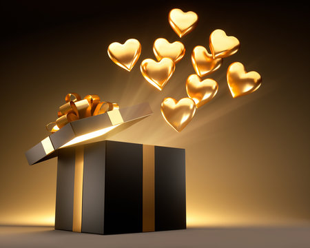 Geschenkbox mit goldenen Herz-Luftballons