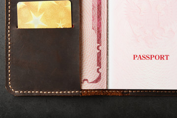 Open Passport Leather Cover with Gold Credit Card