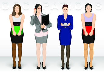 Business ocupation. Women character icons show dress office variations.