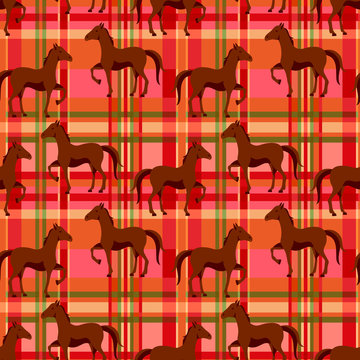 Seamless Pattern With Horse On A Red Plaid Background