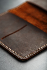 Open Dark Brown Leather Passport Cover. Genuine leather, handmade.