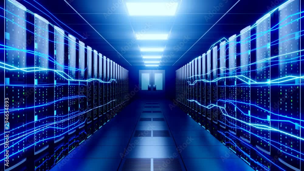 Poster 3d 4k server room - data center - storage/ hosting/ fast internet concept