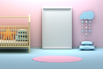 Large presentation frame picture canvas standing in a kids baby room interior with decorative elements. 3d illustration.