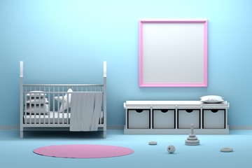 Large square pink frame hanging on a blue wall in kids babe children. Interior with many objects cradle, sitting bench, pillow, carpet, toys. 3d illustration.