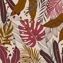 Tropical background with bright red and yellow plants and leaves. Tropic leaves in bright colors.  Modern abstract design for fabric, paper, interior decor.