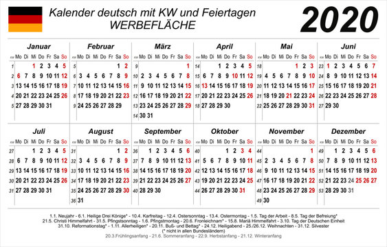 Kalender 2020 - Weiß - quer - deutsch - mit Feiertagen (85 x 54 mm)