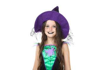 Beautiful girl in halloween costume on white background