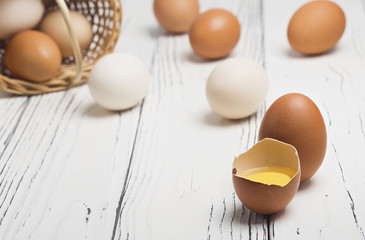 Chicken eggs. A useful product is a lot of calcium and protein. Ecological eggs on a white wooden table.