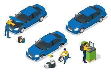 Isometric car repair maintenance autoservice center garage and car service concept. Technicians replace vehicle part, wheels.