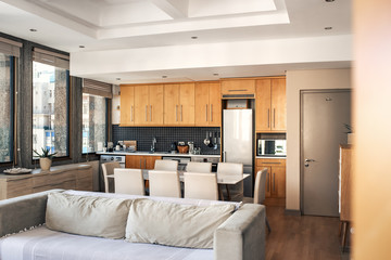 Interior of the lounge and kitchen area of an apartment