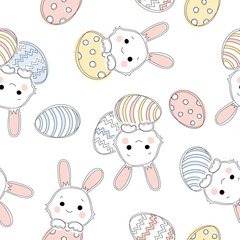 Soft Easter pattern. Cute seamless background with bunnies and easter eggs on white background.