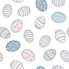 Seamless background for happy Easter day. The decorative Easter eggs with different patterns on a white background.