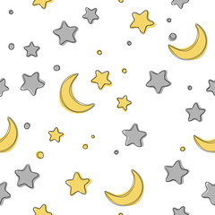 Cute light stars seamless pattern. Sweet dreams background. Illustration for xmas wallpaper, wrap, fabric, textile, cloth or package design. Baby shower background or invitation template
