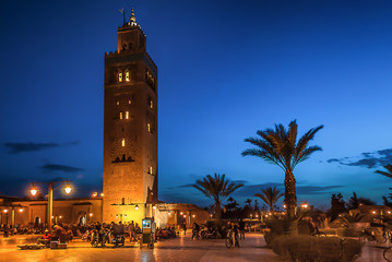 Prayer mosque Koutoubia in Marrakesh, Morocco, Africa. Blue hour.