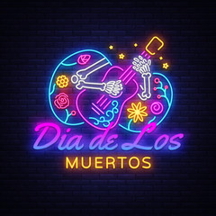 Dia de los muertos Neon Sign Vector. Day of the dead Neon Poster, Mexican holiday, festival design template. Vector poster, banner and card. Vector illustration