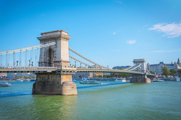 Obraz premium Chain bridge on Danube river in Budapest city. Hungary. Urban landscape panorama with old building