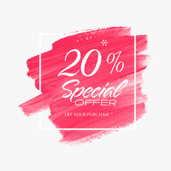 Sale Special Offer 20% sign over acrylic brush paint background - Vector. Perfect watercolor design for a shop label and sale banners.