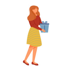 Young woman with gift flat vector illustration. Birthday party. Holiday event. Anniversary celebration. Cute caucasian girl holding present isolated cartoon character on white background