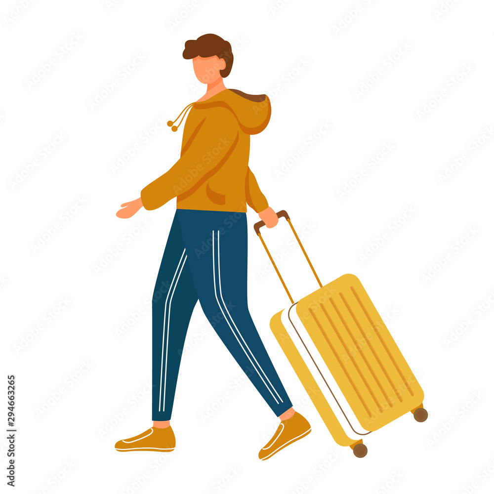 Wall mural man with luggage flat vector illustration. holiday travel. male person going with baggage. young cau