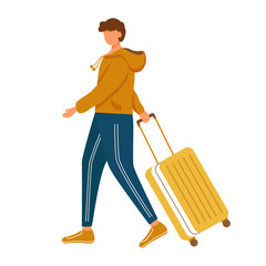 Man with luggage flat vector illustration. Holiday travel. Male person going with baggage. Young caucasian tourist in sportswear walking with suitcase isolated cartoon character on white background