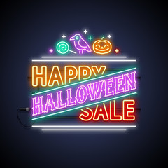 Happy Halloween Sale neon sign with pumpkin, crow and candy. Colorful greeting card. Vector poster illustration for your holiday projects in cartoon style.