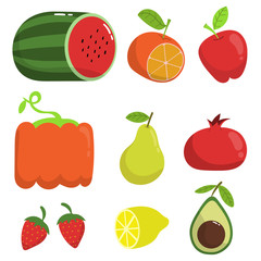 set of fruits illustrations. watermelon, orange, apple, pumpkin, pear, pomegranate, strawberry, lemon, avocado illustrations on white background.
