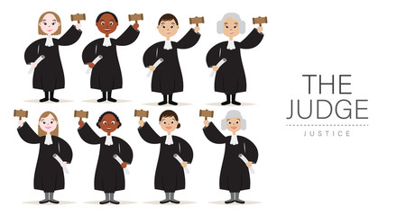 Set of The Judges Cartoon Character White and Dark Skinned Collection Design with Hold the hammer for Judge and Justice.