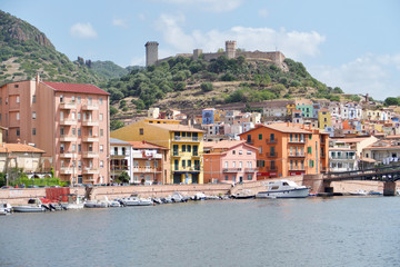 Fototapeta premium Colorful houses in Bosa, Sardinia, Italy. Scenic landscape in Oristano.