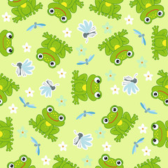 Naklejka na ściany i meble Funny frogs and mosquitoes. Vector seamless pattern for fabric, wallpaper, wrapping paper, for kids.