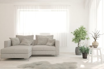 Stylish room in white color with sofa. Scandinavian interior design. 3D illustration