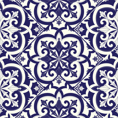 Portuguese tile pattern vector seamless with parquet motifs. Azulejos, mexican talavera, spanish ceramic or italian sicily mosaic. Background texture for kitchen wallpaper or bathroom flooring.
