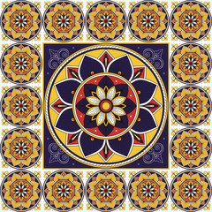 Portuguese tile pattern floor vector with mosaic flower print. Big element in center with frame. Ceramic background with portugal azulejos, mexican talavera, italian sicily majolica, venetian motifs.