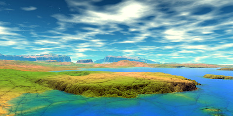 Alien Planet. Mountain and lake. 3D rendering