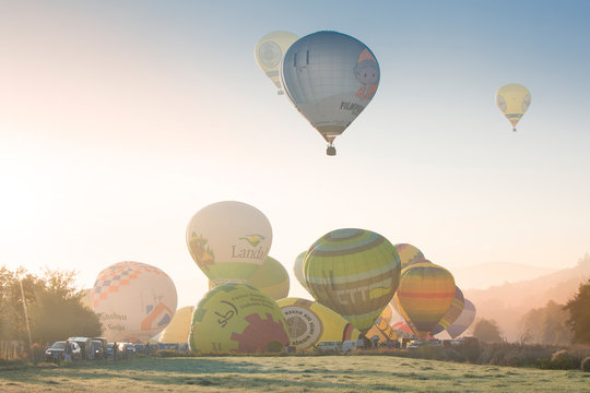 Arnsberg, North Rhine Wesstphalia/Germany - August 31st 2019: Start of the hot air balloons in Oeventrop/Arnsberg in the morning mist. Warsteiner International Montgolfiade is the organizer.