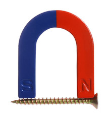 Horseshoe magnet attracting screw on white background