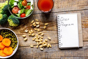 concept diet, slimming plan with vegetables top view mock up