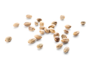Raw organic hemp seeds on white background