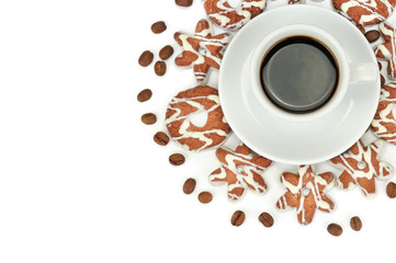 Cup with coffee and biscuits isolated on white background. Flat lay, top view. Free space for text.